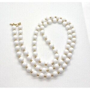 Vintage Monet Signed White‎ & Gold Tone Beaded 30'' Necklace Retro 70s Style